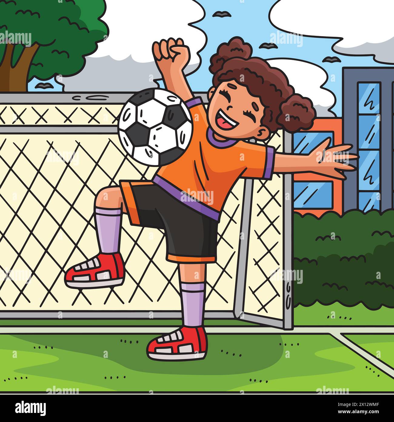 Ragazza che rimbalza una palla da calcio sul petto colorata Illustrazione Vettoriale