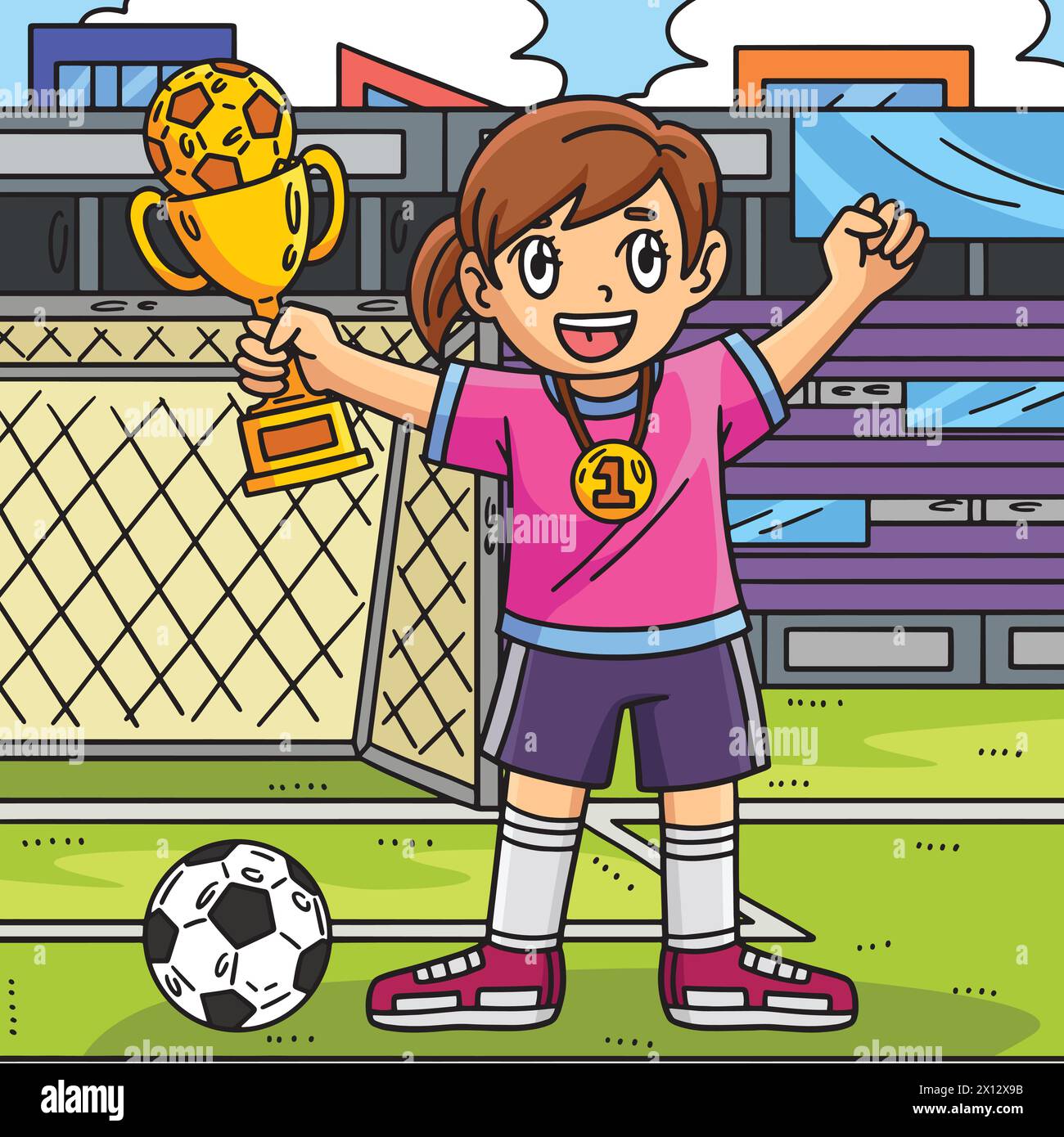 Ragazza con trofeo di calcio e cartone animato colorato con medaglia Illustrazione Vettoriale