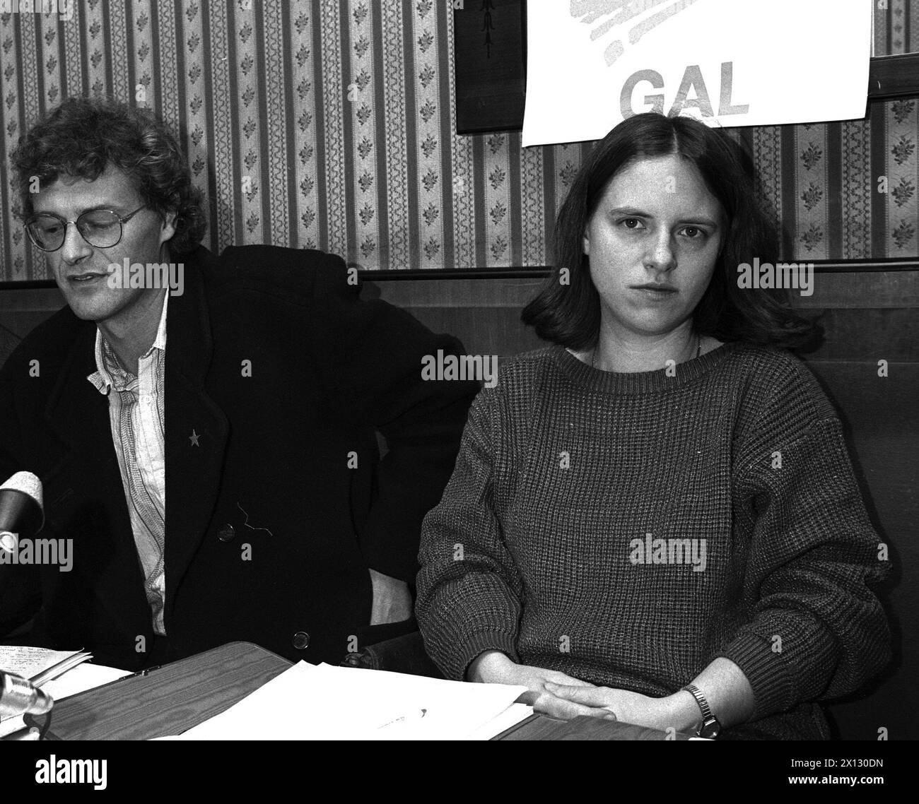 Tre giorni prima dell'inizio delle elezioni parlamentari in Austria, Rainer Trampert (l.), capo del Partito Verde tedesco, ha dato sostegno al Partito Verde Viennese (alternative verdi, Lista Democratica). La foto scattata il 20 novembre 1986 mostra Trampert e il primo candidato del Partito austriaco, Andrea Komlosy (r.) - 19861120 PD0005 - Rechteinfo: Rights Managed (RM) Foto Stock