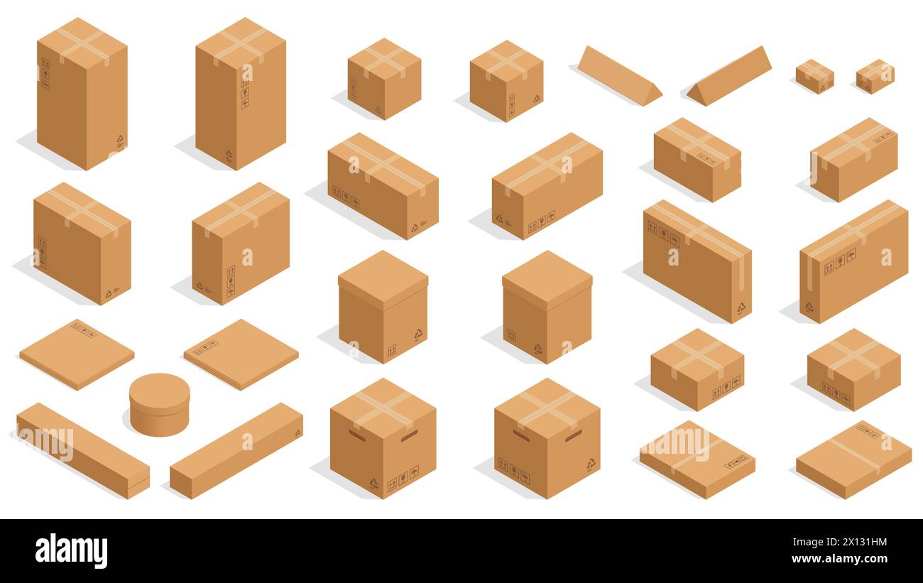 Scatole di cartone isometriche. Contenitori di cartone per imballaggio rettangolare e quadrato vettoriale per la consegna, la spedizione e lo stoccaggio. Forme semplici e piatte Illustrazione Vettoriale