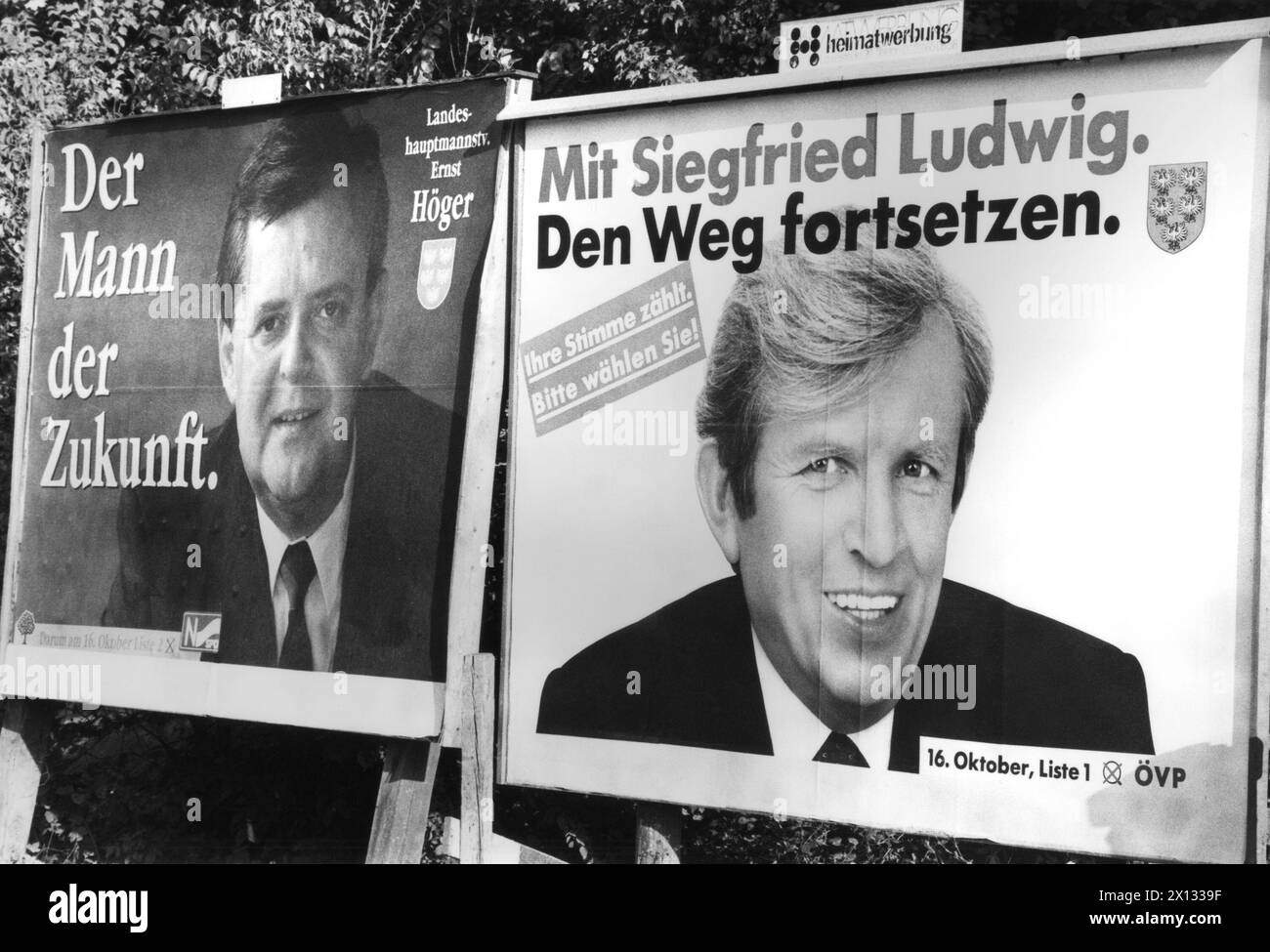 Klosterneuburg il 14 ottobre 1988: Manifesti elettorali con i migliori candidati dei grandi partiti della bassa Austria, Ernst Hoeger (SPOE) e Siegfried Ludwig (OEVP). - 19881014 PD0005 - Rechteinfo: Diritti gestiti (RM) Foto Stock