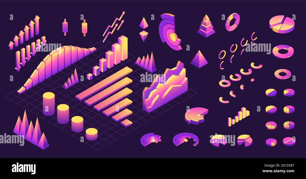 Grafico di dati futuristici isometrici. Grafico a piramide astratto con fasi di avanzamento, elementi di progettazione infografica moderni. Raccolta isolata vettoriale Illustrazione Vettoriale