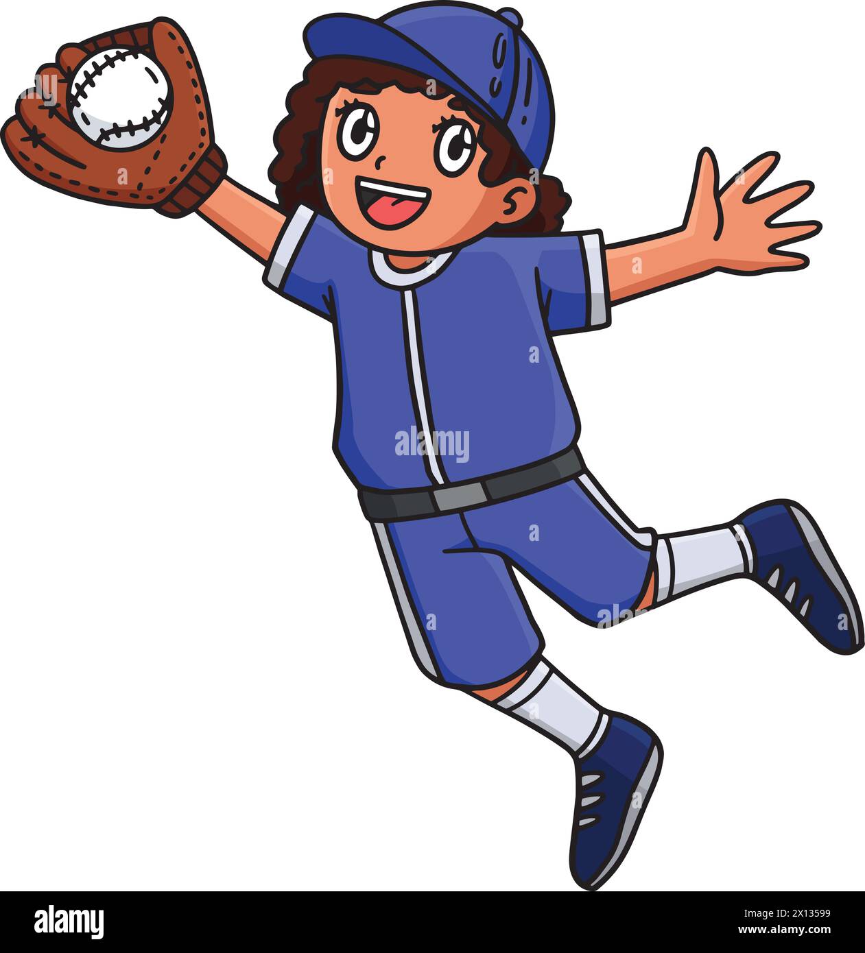 Ragazza Fielder che cattura Baseball Cartoon Clipart Illustrazione Vettoriale