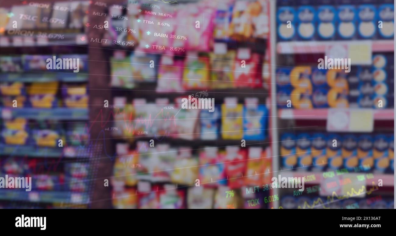 Immagine di dati finanziari e grafici su un mercato sfocato Foto Stock