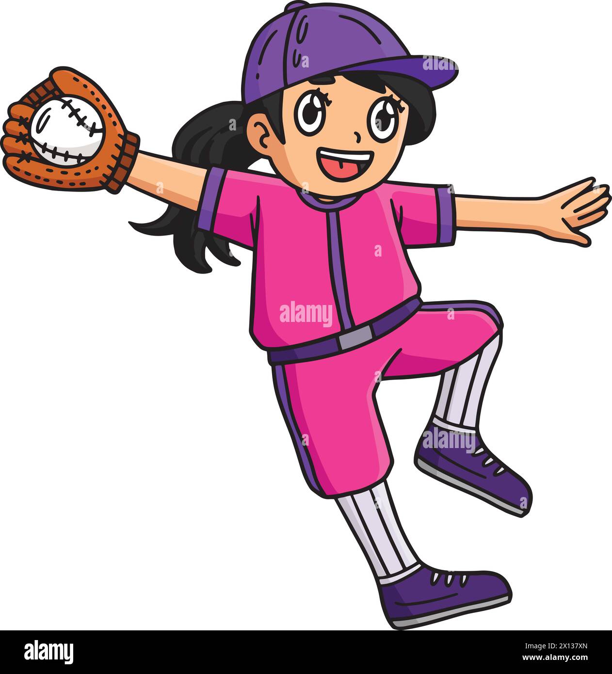 Ragazza che prende Baseball Cartoon Colored Clipart Illustrazione Vettoriale