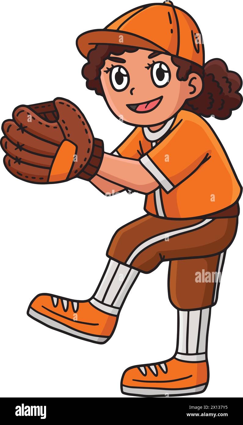 Ragazza che lancia baseball Cartoon Colored Clipart Illustrazione Vettoriale