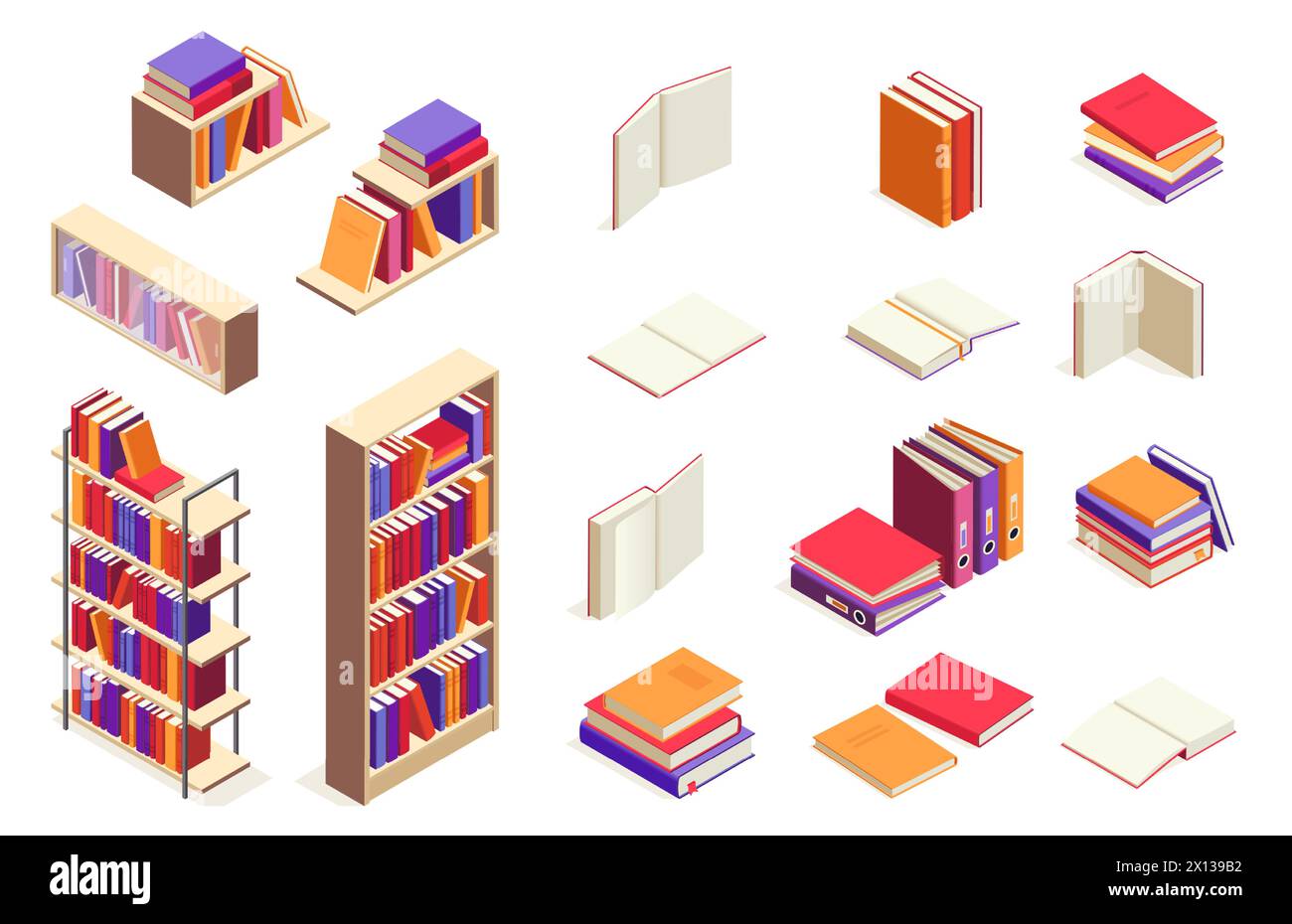 Libri isometrici. Pila di libri aperti e chiusi, libri universitari, enciclopedia, quaderni e riviste. Concetto di formazione 3d vettoriale Illustrazione Vettoriale