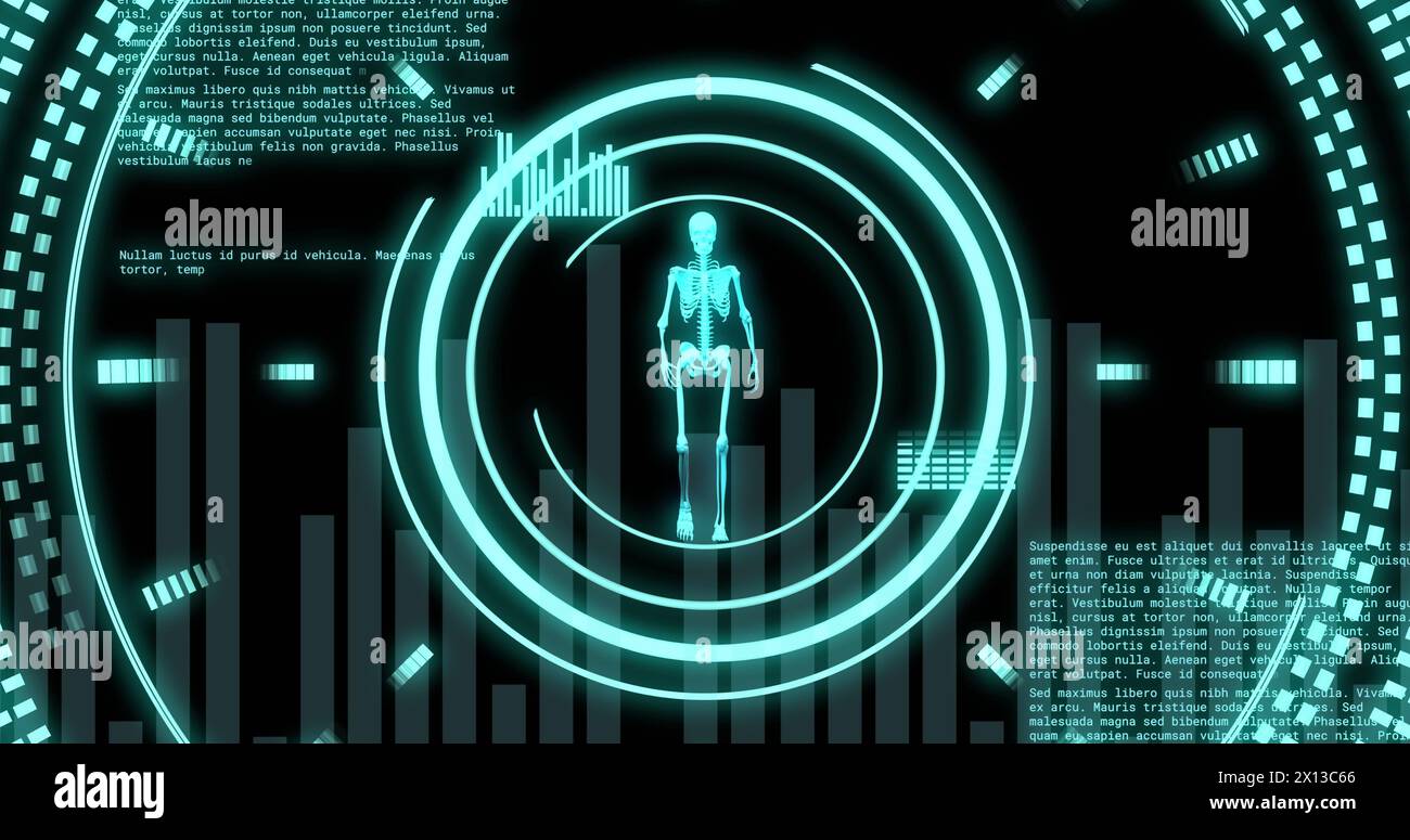 Immagine dell'elaborazione dei dati con scansione dell'oscilloscopio e scheletro umano su sfondo nero Foto Stock