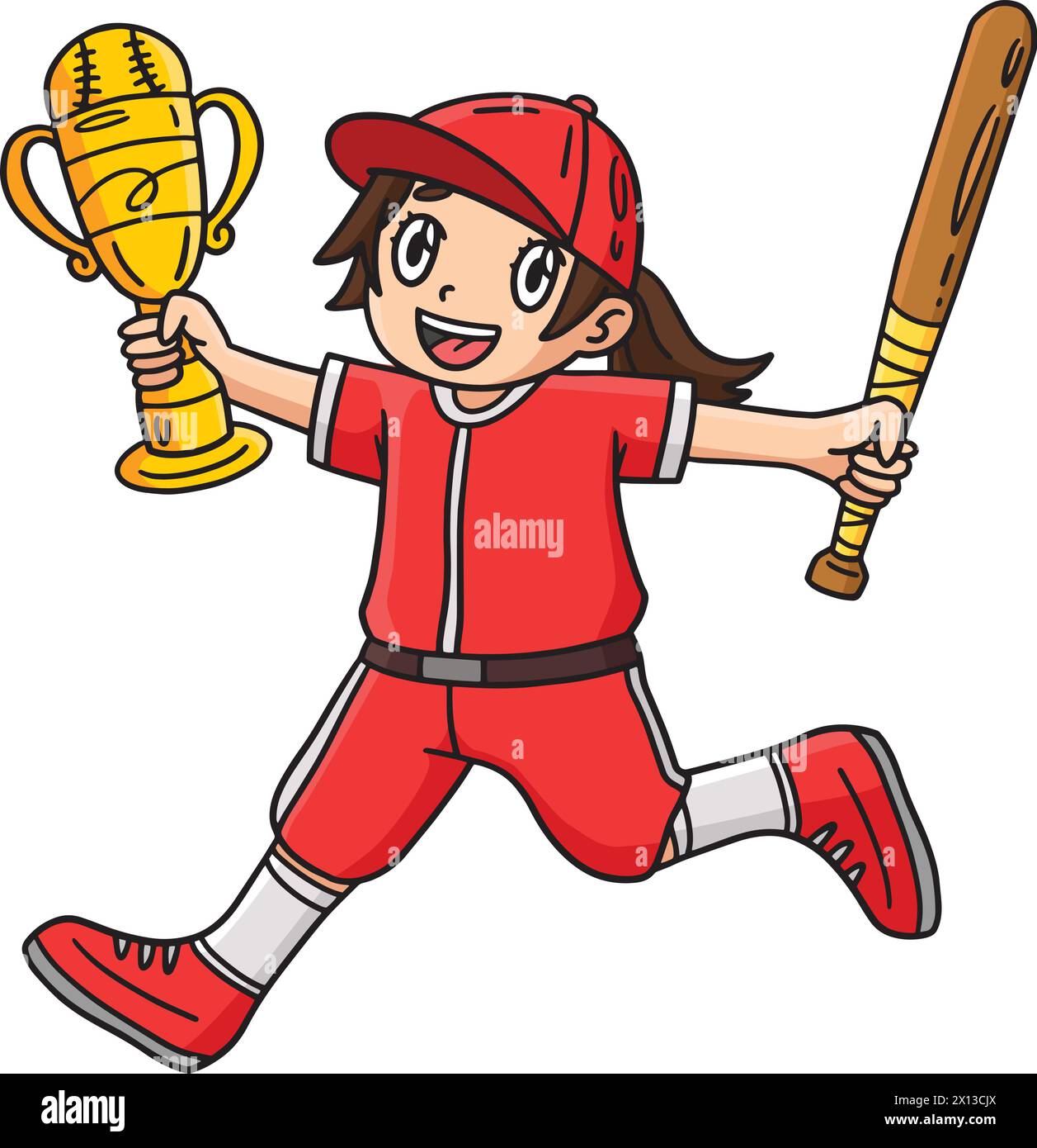 Ragazza con una mazza da baseball e trofeo Clipart Illustrazione Vettoriale