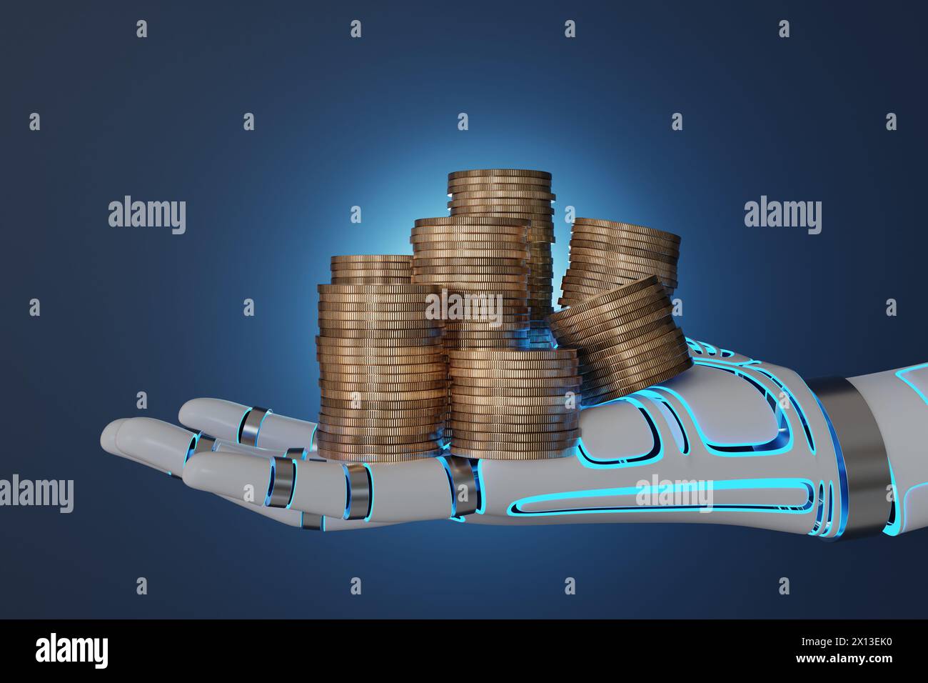 Pile di monete d'oro su una mano robotica bianca su sfondo blu scuro. Concetto di rivoluzione finanziaria e industriale mediante l'intelligenza artificiale (ai) Foto Stock