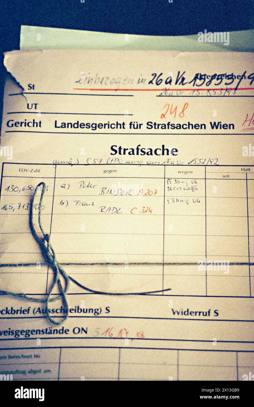 Vienna l'11 settembre 1995: Inizio del processo contro i trasgressori di attentati dinamitardi di dieci lettere nel dicembre 1993. In figura: Una parte dei record di peso. - 19950911 PD0003 - Rechteinfo: Diritti gestiti (RM) Foto Stock