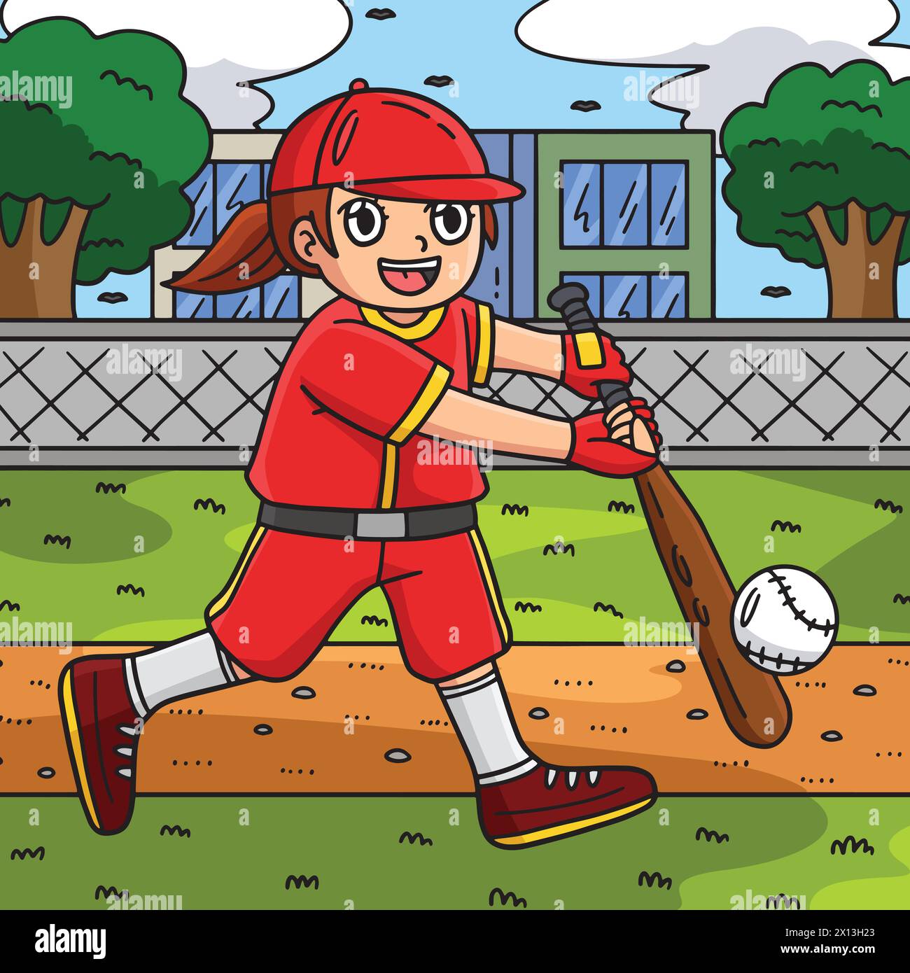 Ragazza che colpisce Baseball colorata illustrazione di cartone animato Illustrazione Vettoriale