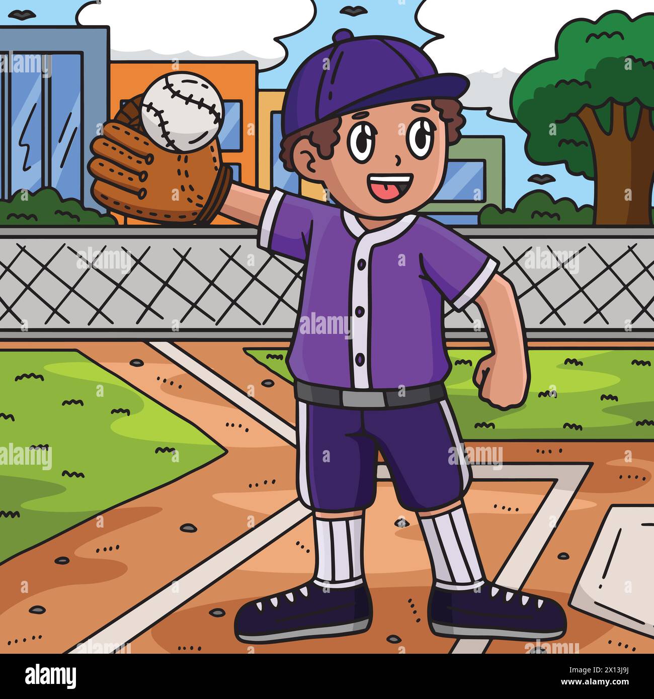 Illustrazione cartoni animati colorata Boy Raising Baseball Illustrazione Vettoriale