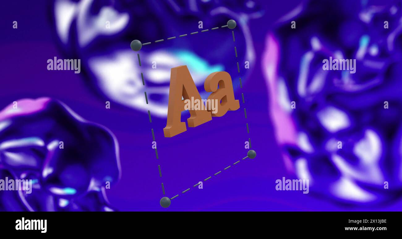 Immagine di una lettera icona di testo su un tablet trasparente che ruota su bolle di liquido fluttuanti in blu Foto Stock