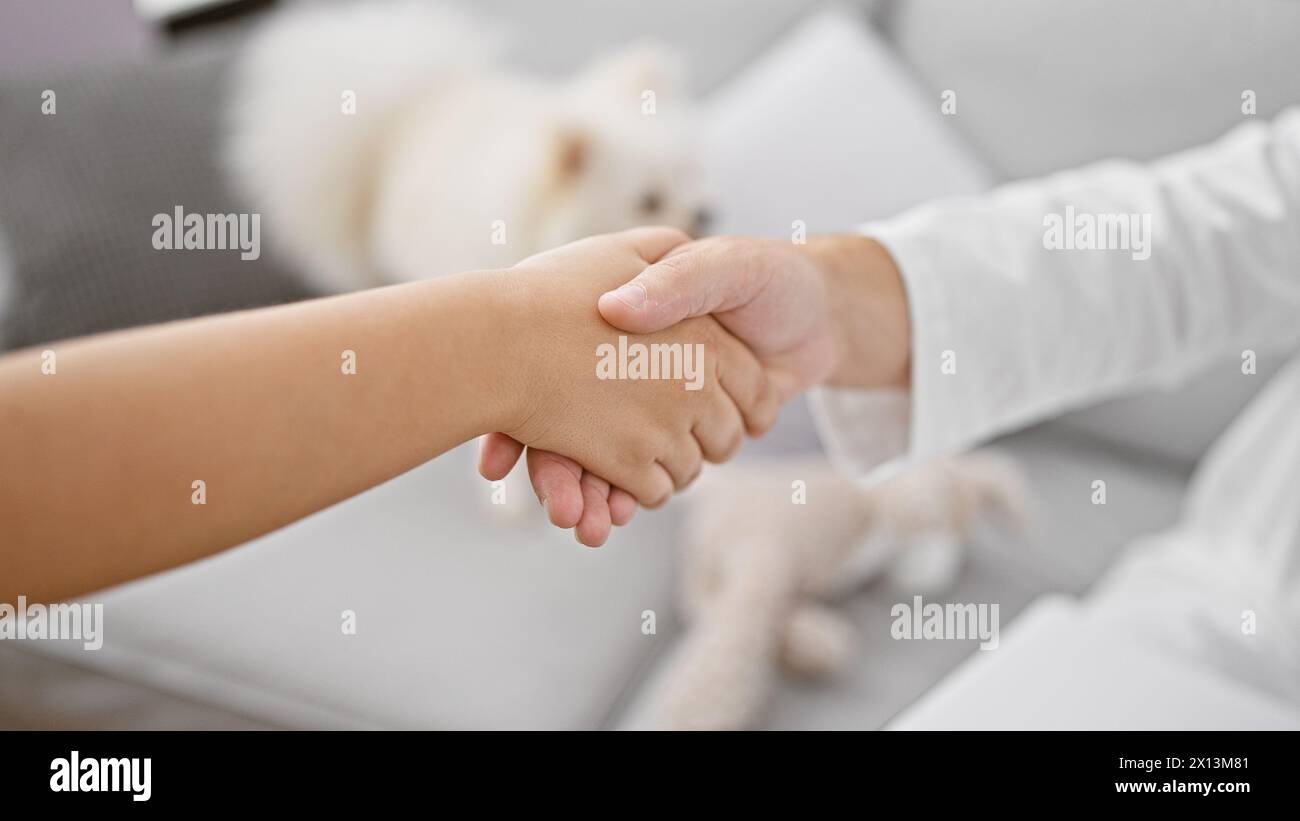 A casa, un bel giovane uomo caucasico e il suo cane da compagnia accolgono calorosamente il veterinario, stringendo di cuore la mano in salotto Foto Stock