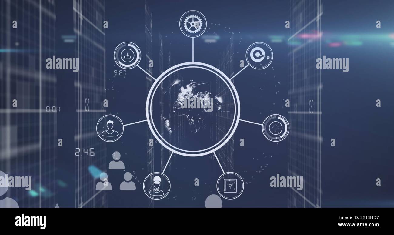 Immagine dell'elaborazione dei dati e delle icone sul paesaggio urbano Foto Stock