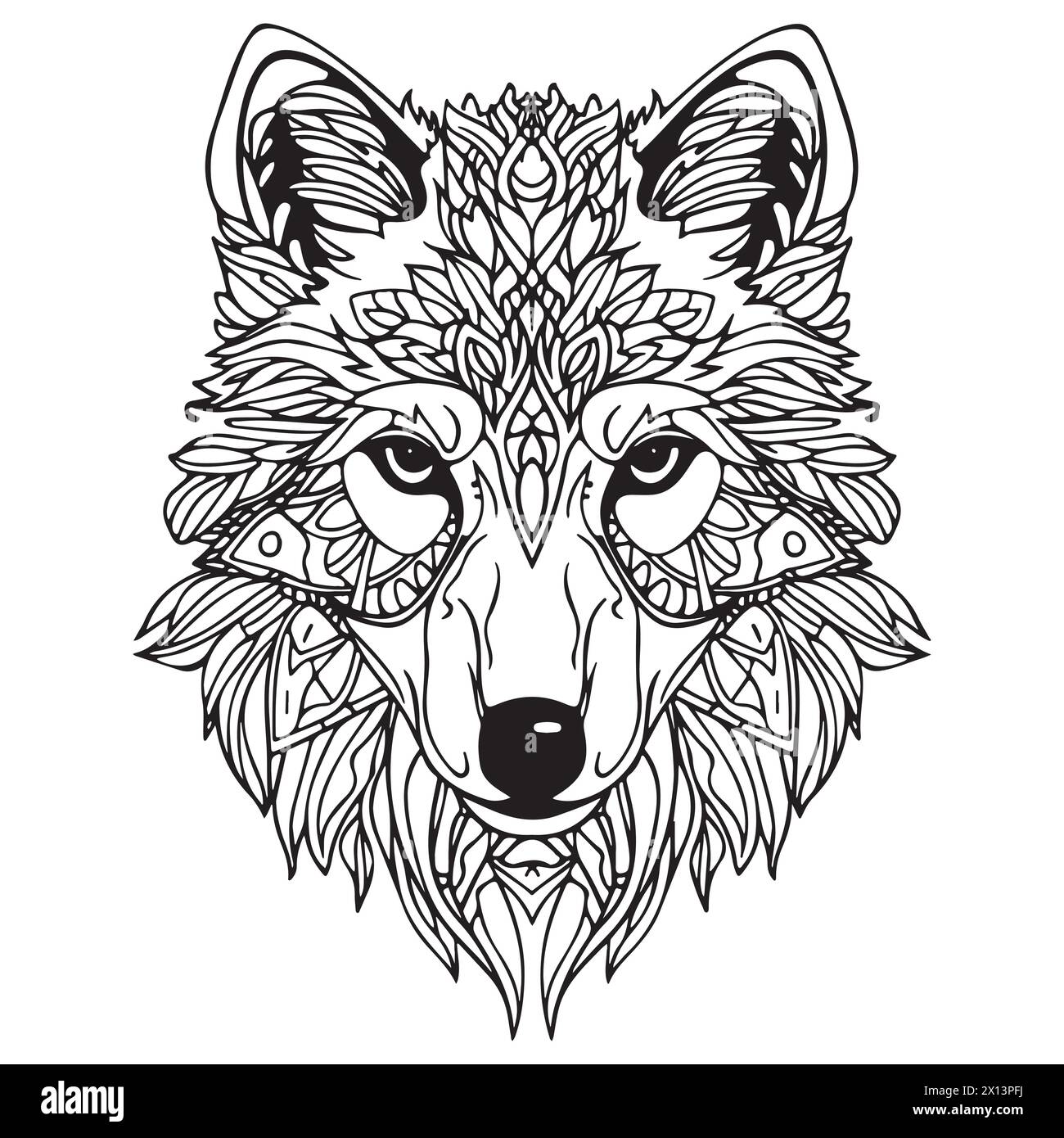 Pagina da colorare Mandala per adulti. Wolf Head Zen Spiritual relax Colouring Book Template. Illustrazione Vettoriale