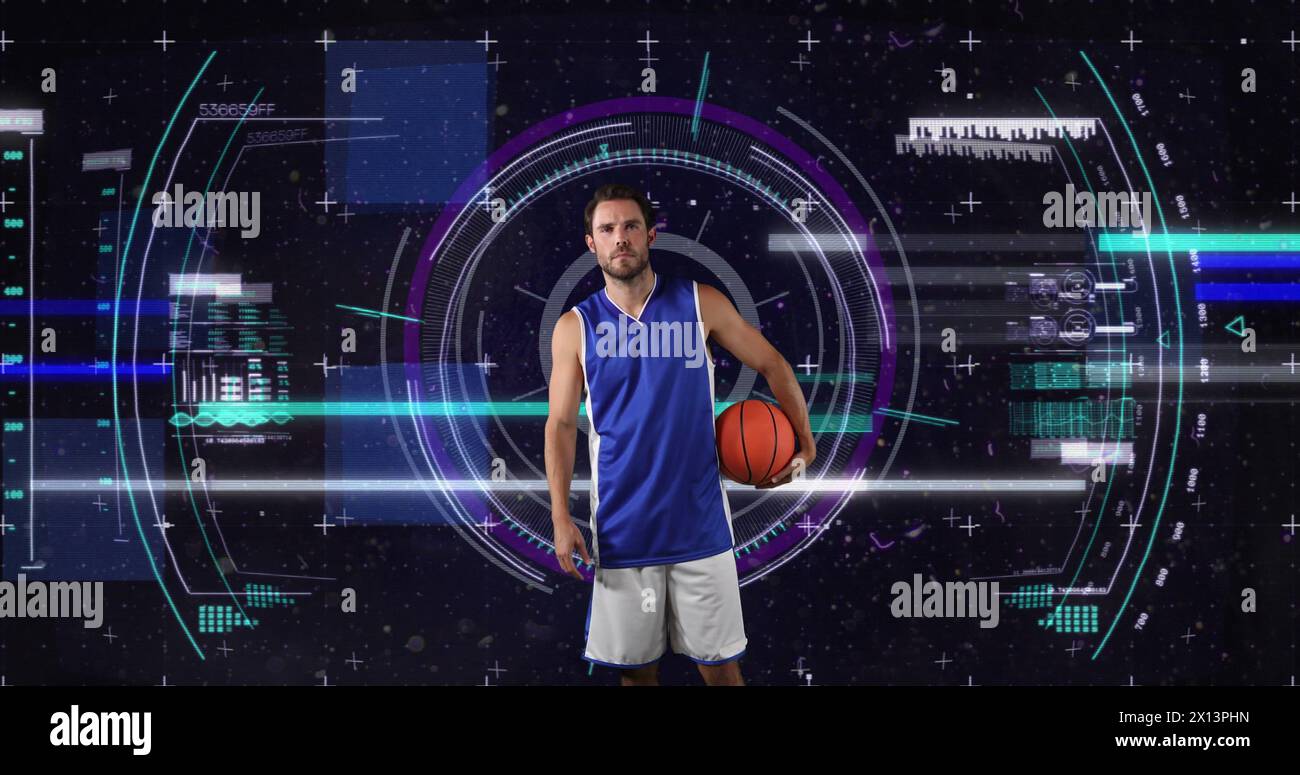 Immagine della scansione dell'oscilloscopio e dell'elaborazione dei dati su un giocatore di basket caucasico Foto Stock