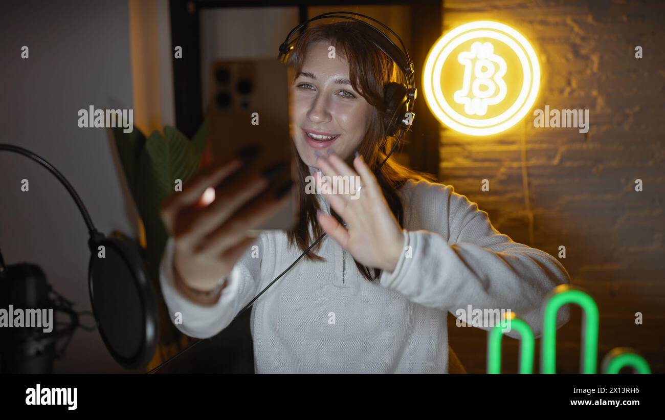 Giovane donna caucasica con le cuffie in uno studio di podcast che esegue un gesto durante una videocall illuminata dal simbolo bitcoin al neon. Foto Stock