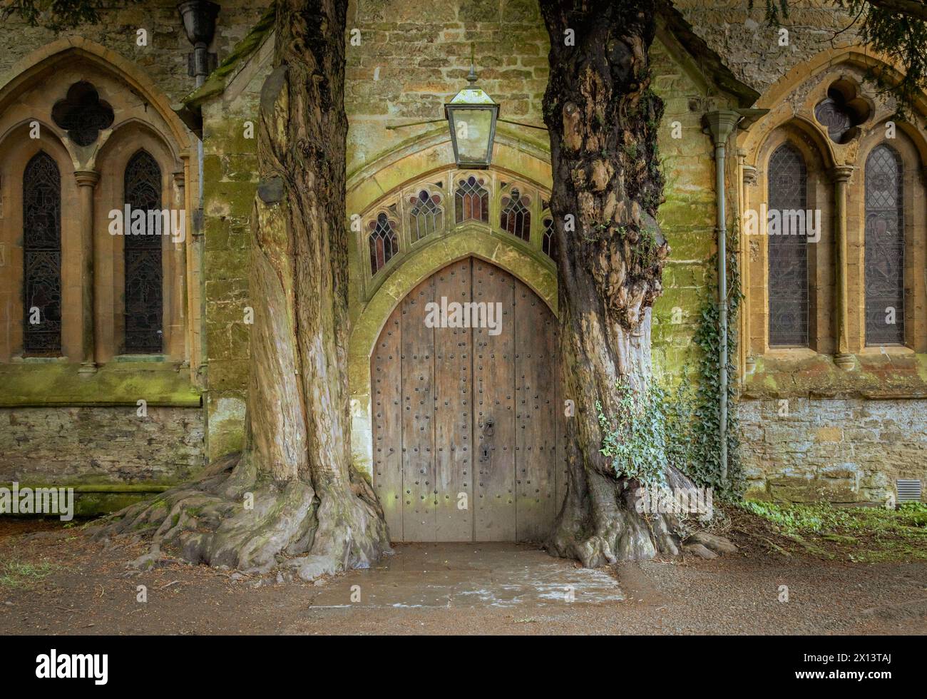 La porta di Tolkien alla chiesa di St Edwards, fiancheggiata da due antichi alberi di olmo. Storico cimitero di Stow on the Wold, Cotswolds, Inghilterra. Foto Stock