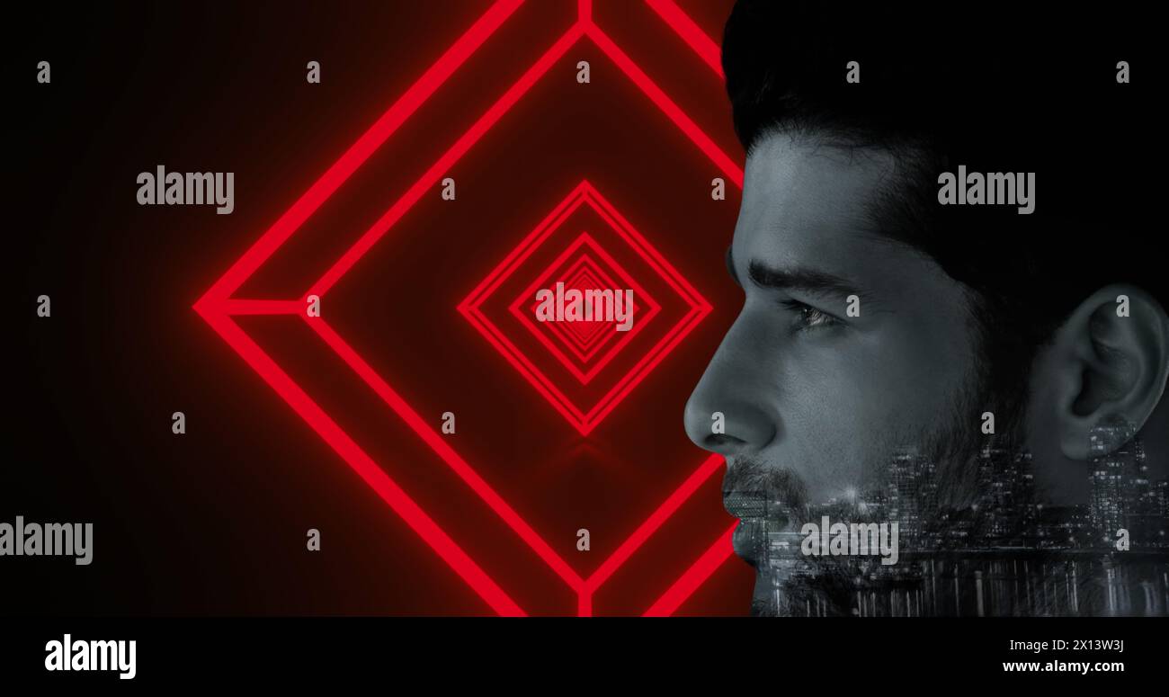 Immagine di un paesaggio urbano su un uomo birazziale che affronta un tunnel esagonale rosso neon con un motivo senza cuciture Foto Stock