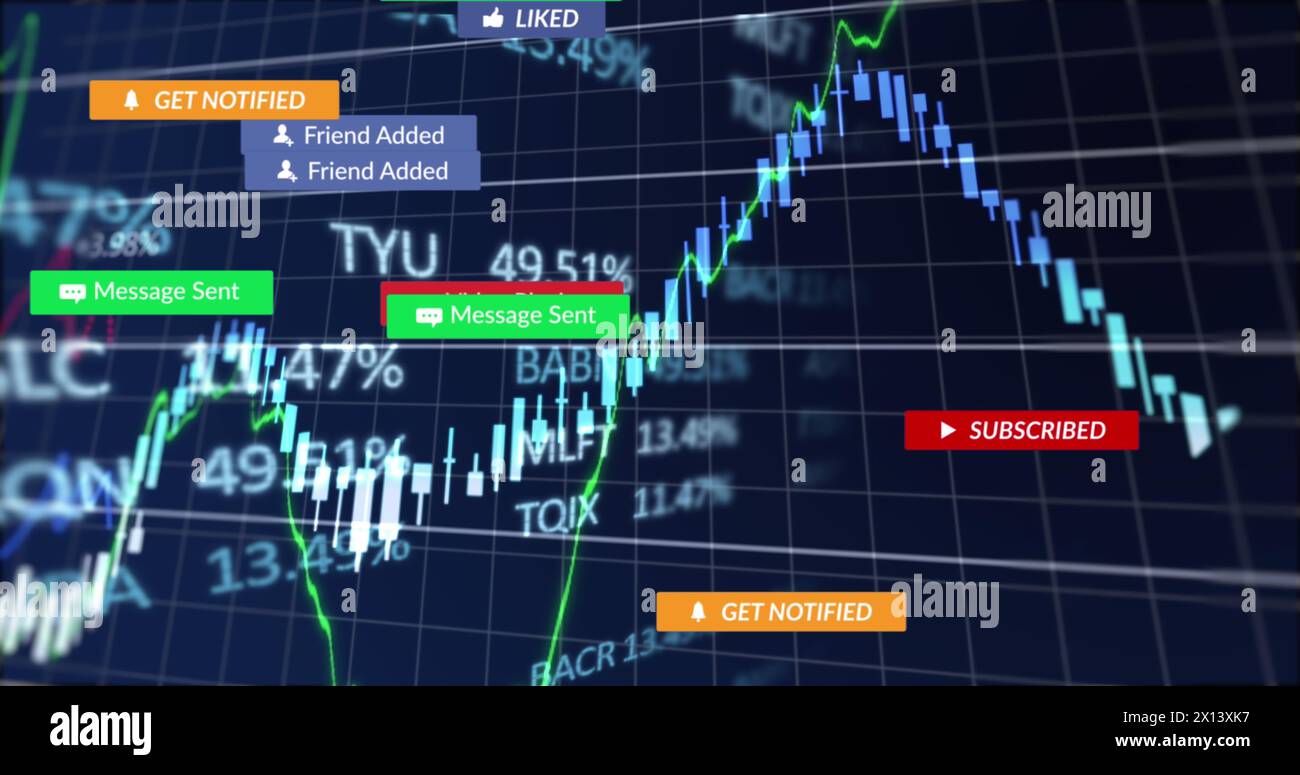 Immagine di barre di notifica, grafici e trading board su sfondo nero Foto Stock