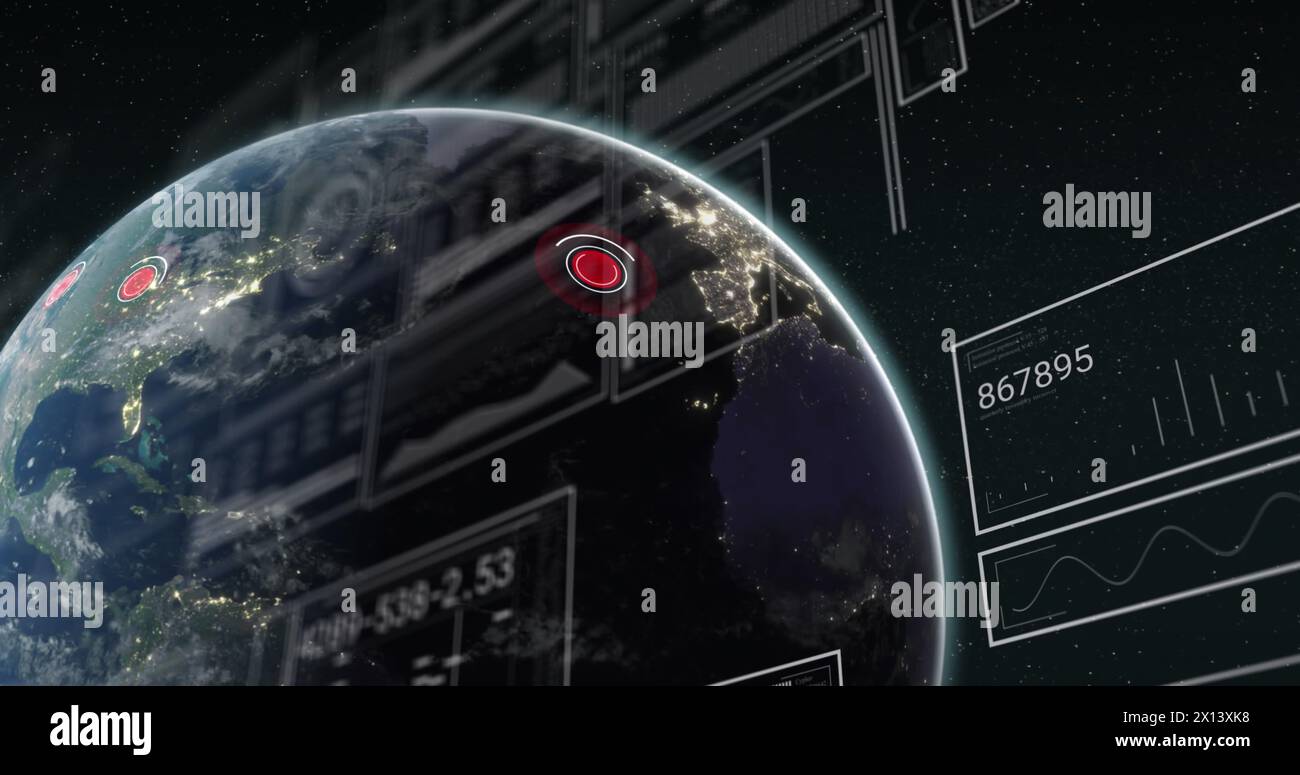 Immagine di più grafici, numeri variabili, barre di caricamento e cerchi sul globo Foto Stock