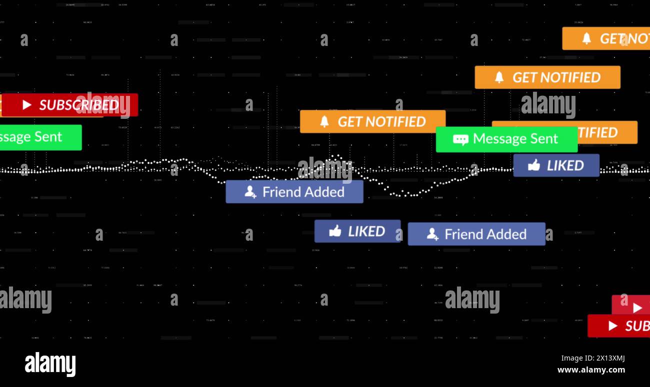 Immagine di più barre di notifica sopra i grafici e modifica dei numeri su sfondo nero Foto Stock