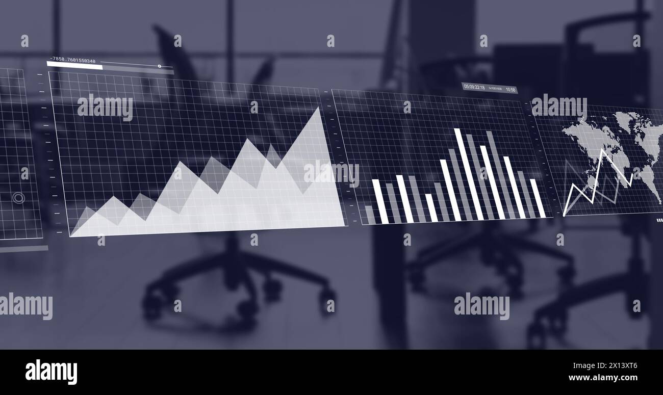 Immagine dell'interfaccia con elaborazione dei dati statistici rispetto a un ufficio vuoto Foto Stock