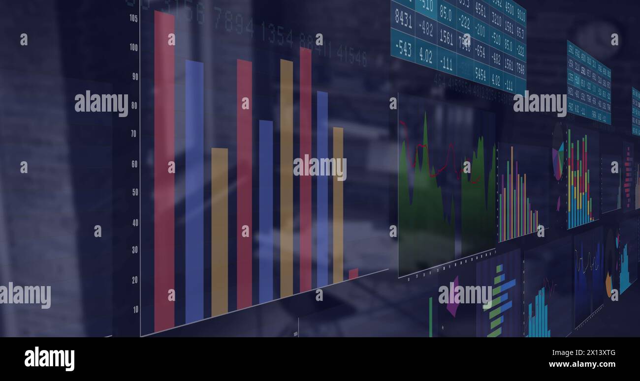 Immagine dell'interfaccia con elaborazione dei dati statistici rispetto a un ufficio vuoto Foto Stock