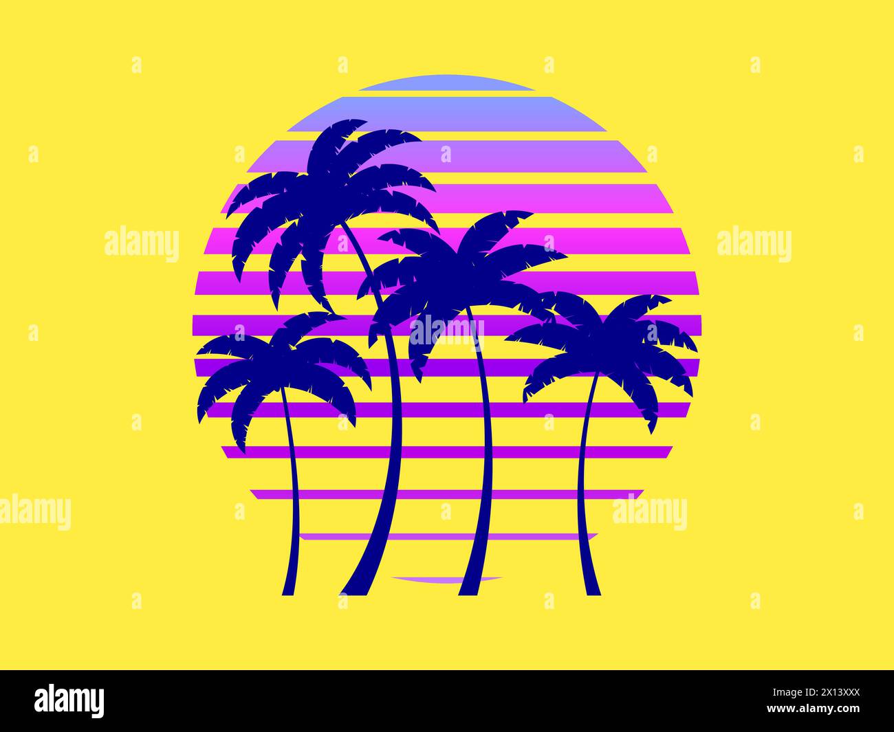 Sagome di palme sullo sfondo retrò futuristico del sole. Palme su uno sfondo di sole sfumato in stile sintetico e retroondulato Illustrazione Vettoriale