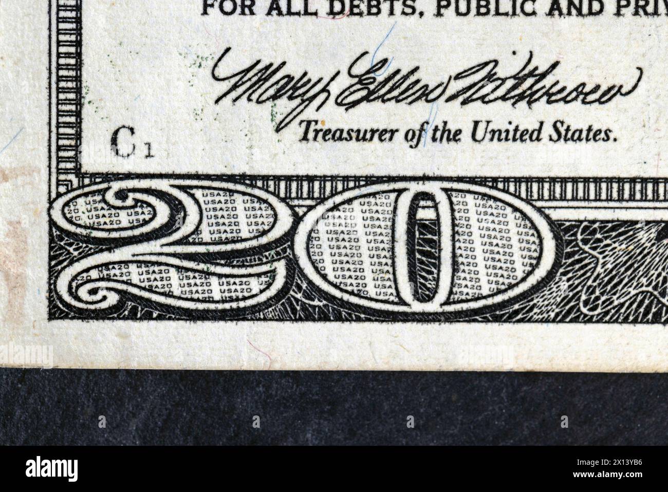 Dettagli di venti dollari americani in contanti, una banconota di 20 dollari americani Foto Stock