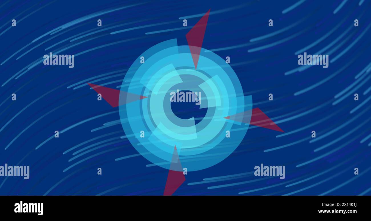 Immagine di anelli blu pallido con vele rosse che ruotano su uno sfondo blu con onde blu pallido in movimento Foto Stock