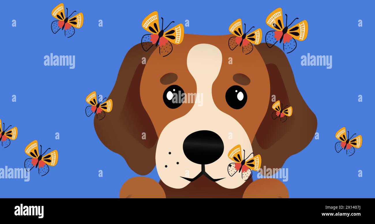 Immagine digitale di più farfalle che fluttuano sull'icona della faccia del cane su sfondo blu Foto Stock