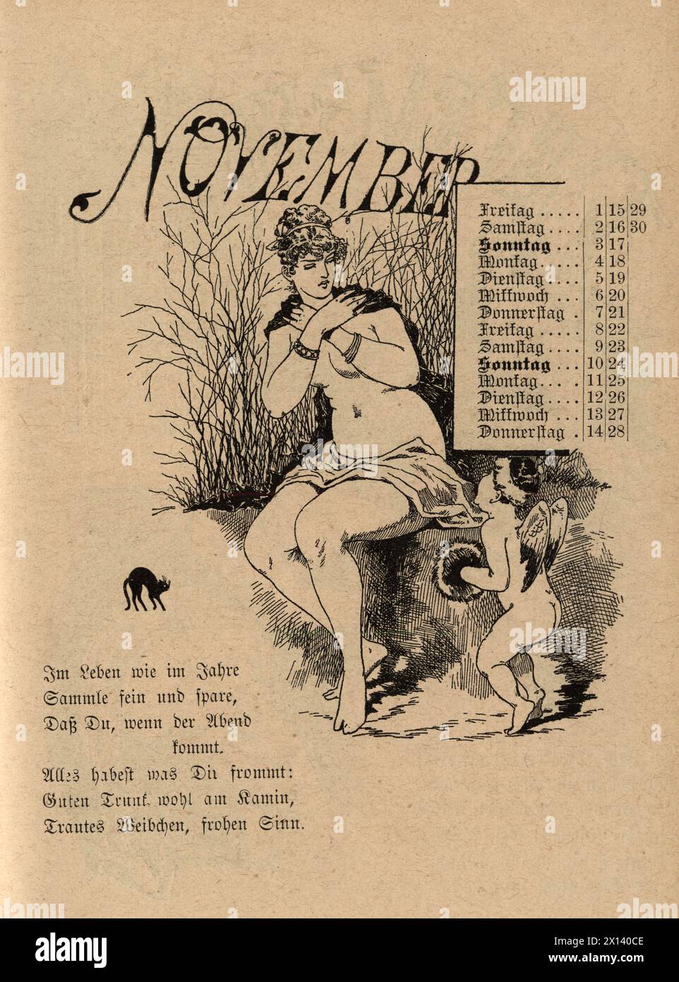 Cartoni animati vintage per il mese di novembre, donna con cupido, amore, tedesco, XIX secolo, 1889 Foto Stock