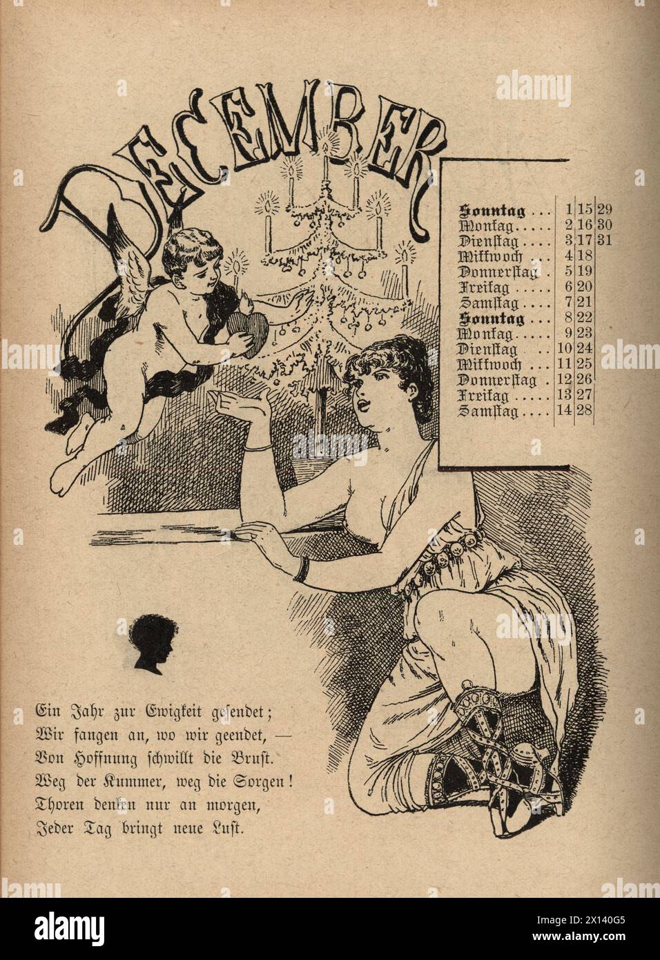 Cartone animato d'epoca per il mese di dicembre, donna con cupido, da un albero di Natale, tedesco, XIX secolo, 1889 Foto Stock