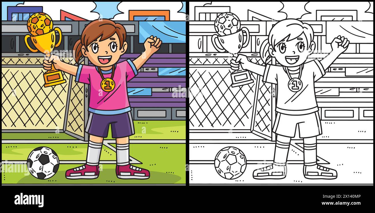 Ragazza con trofeo di calcio e illustrazione della medaglia Illustrazione Vettoriale