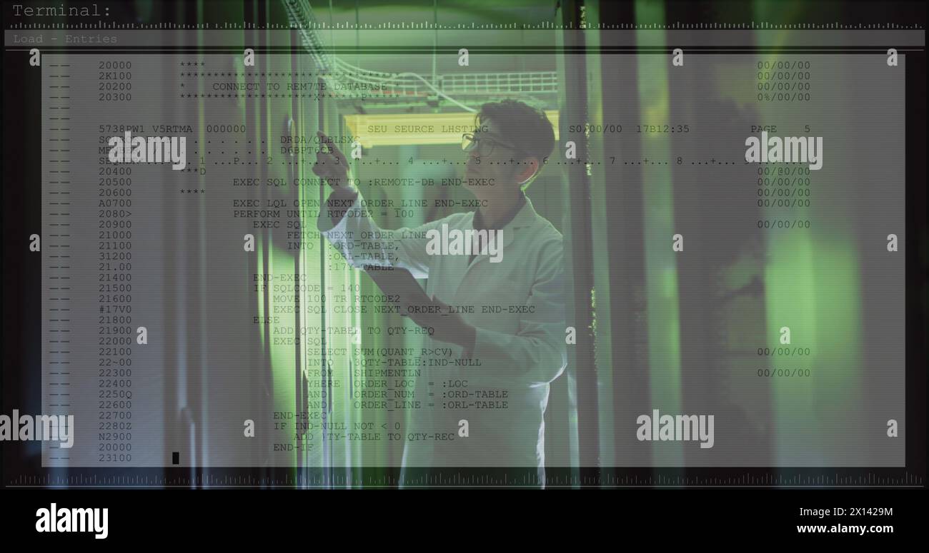 Immagine dell'elaborazione dei dati su un uomo asiatico nella sala server Foto Stock