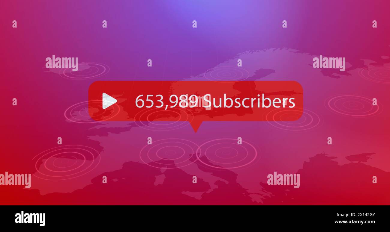 Immagine della notifica degli abbonati ai social media sulla mappa europea su sfondo rosa Foto Stock