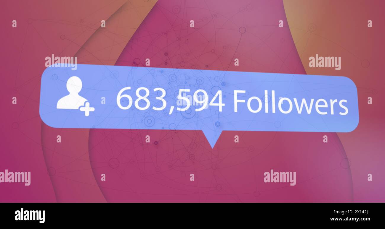 Immagine della notifica dei follower sui social media sulla rete di comunicazione, in arancione e rosso Foto Stock