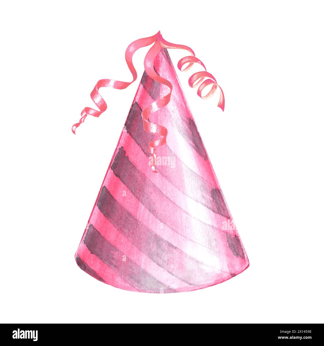 Cappello da festa con nastri rosa a righe acquerello disegnato a mano. Accessori festivi per feste di compleanno e feste per bambini. Isolato Foto Stock