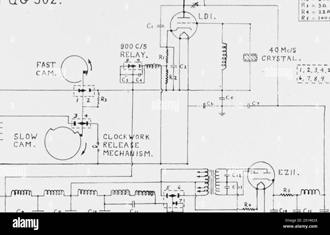 Schema elettrico dell'apparecchiatura radio tedesca, identificato come Figura XXXV, che mostra i collegamenti elettrici e i componenti per l'analisi RAF. Foto Stock