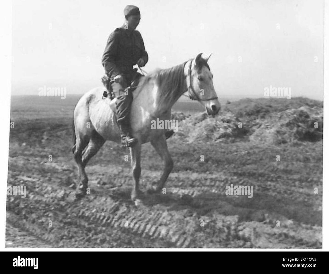 Al fronte, i soldati dell'ottava armata affrontano piste fangose dove i messaggi vengono inviati a cavallo a causa del terreno impraticabile per i veicoli, mostrando l'adattamento nelle comunicazioni militari. Foto Stock
