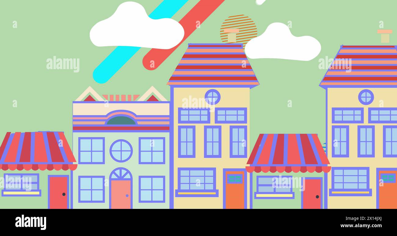 Immagine della città con case colorate sopra forme in movimento Foto Stock