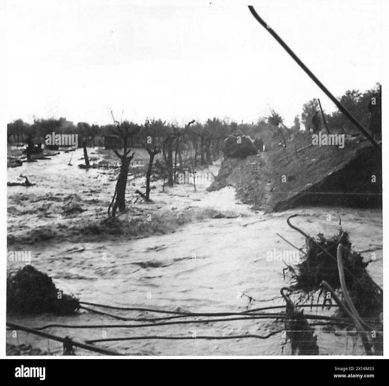 Un paesaggio segnato da danni bellici mostra la desolazione in una regione colpita dalle piogge durante le operazioni dell'esercito britannico tra il 1942 e il 1946. Foto Stock