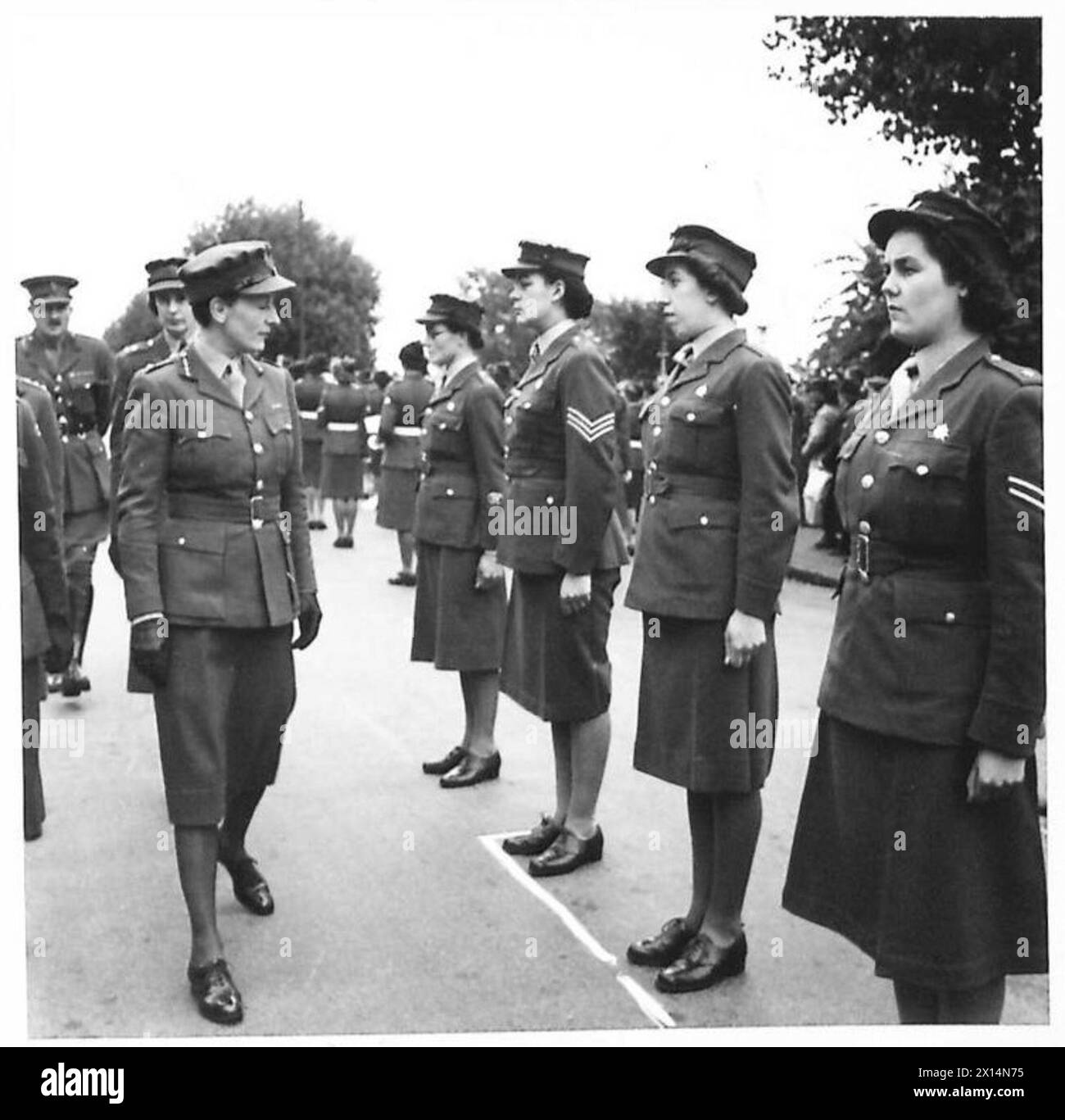 Il capo controllore J. Knox, CBE, DATS, ispeziona i membri del servizio territoriale ausiliario durante una parata nell'esercito britannico. Foto Stock