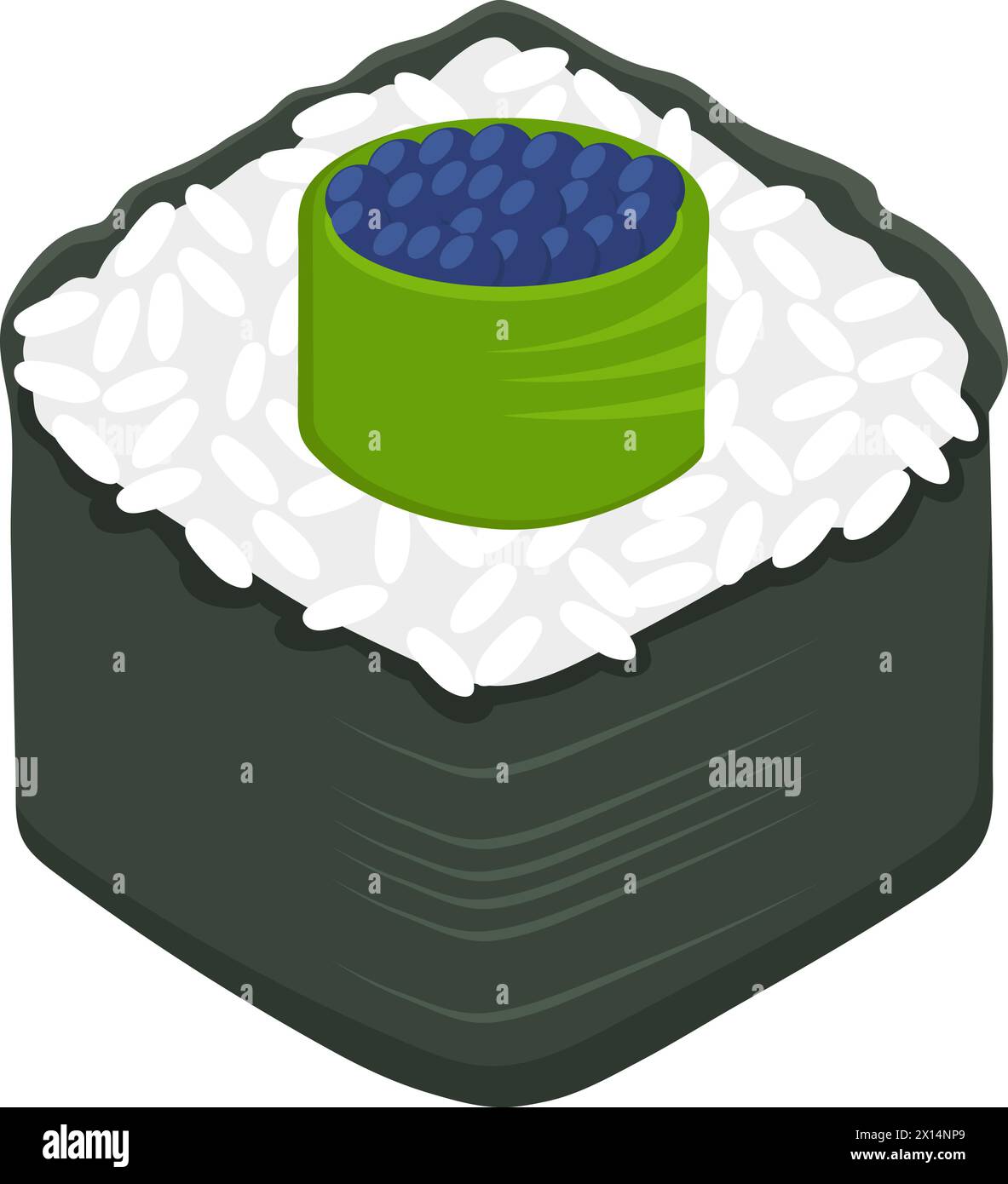 Illustrazione di un'icona del cibo giapponese, sushi roll con palla di riso avvolto in alghe marine con copertura delle uova di tonno, disegno creativo Illustrazione Vettoriale