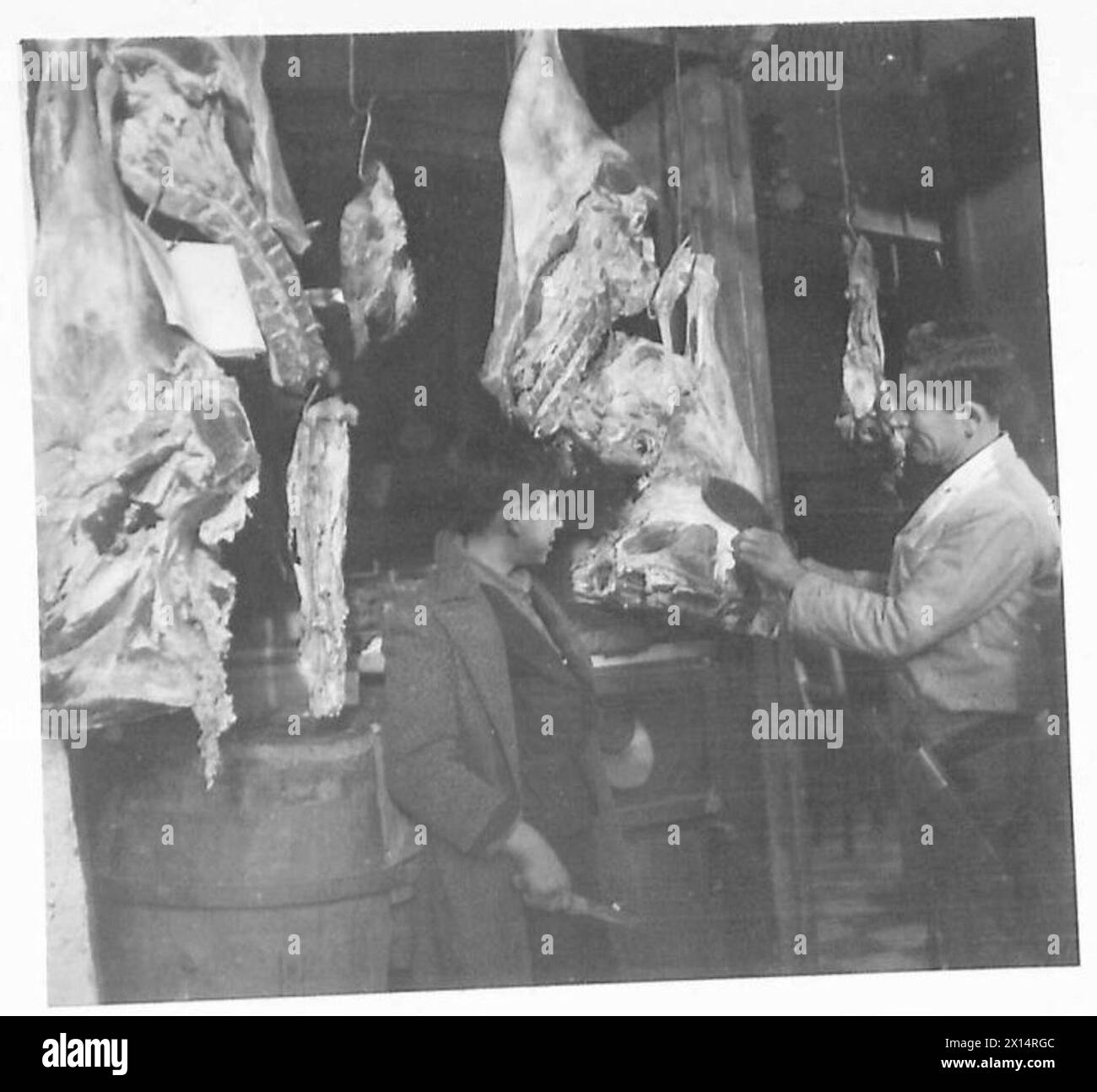 Un macellaio ad Atene rifornisce il suo negozio, riflettendo la ripresa della vita civile dopo l'occupazione militare. Foto Stock