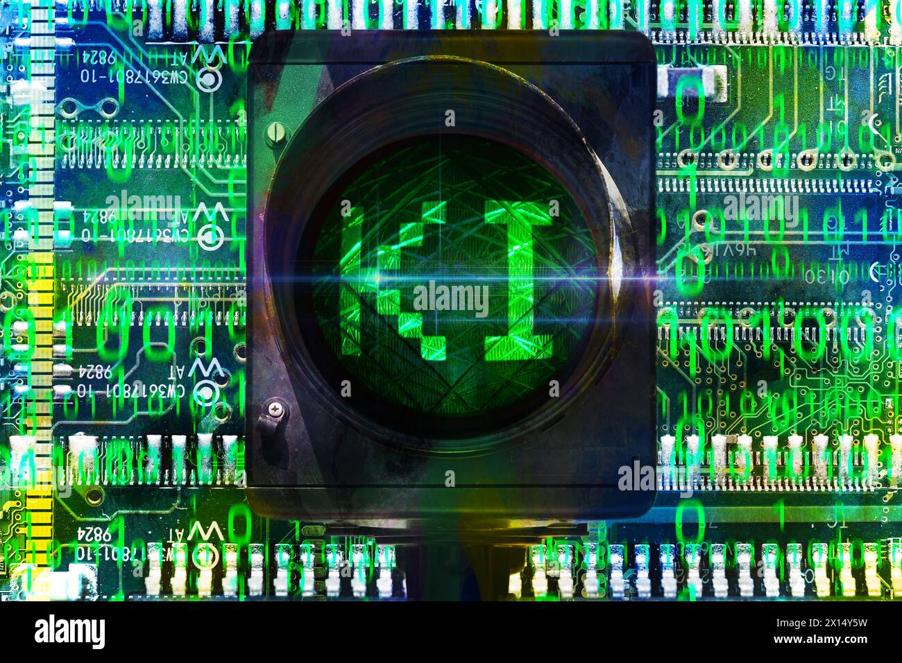 Semaforo verde con scritta IA davanti alle schede dei computer, foto simbolica dei semafori controllati dall'IA, fotomontaggio Foto Stock