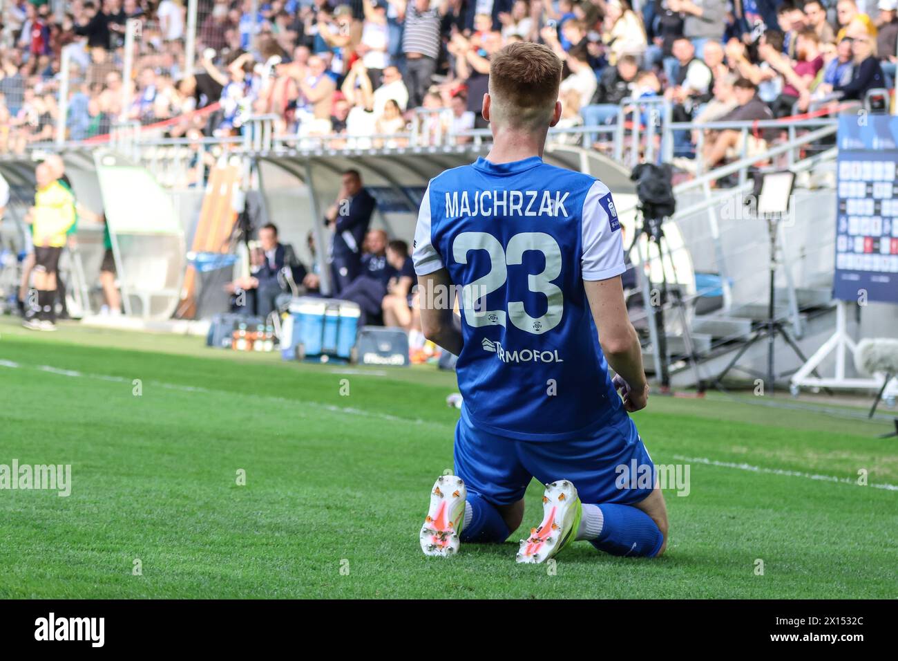 04.13.2024 Cracovia (Cracovia) Polonia, calcio, PKO BP Ekstraklasa 2023/2024, Puszcza Niepolomice - Lech Poznan op: Jordan Majchrzak Goal Celebration Foto Stock